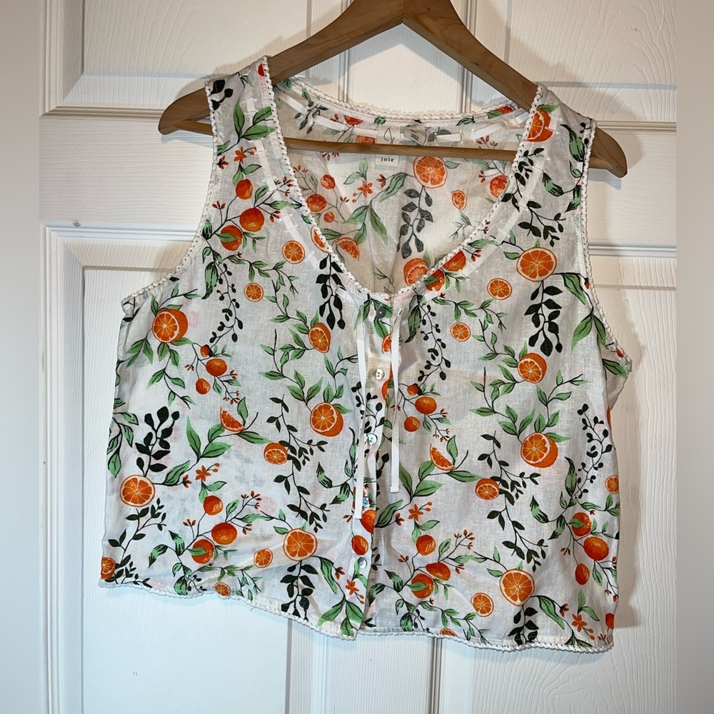 Joie White and Orange Floral Sleeveless Blouse